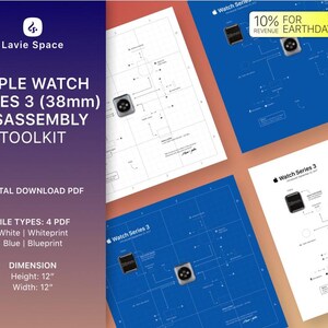 以下が含まれることがあります： Apple Watch Series 3（38mm）を分解するためのデジタルダウンロード可能なPDFツールキット。このキットには、白、白黒、青、青黒の4つのPDFファイルが含まれています。各ファイルは高さ12インチ、幅12インチです。