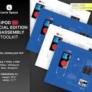 May include: A digital download PDF toolkit for disassembling a special edition iPod U2. The toolkit includes four PDF files: white, whiteprint, blue, and blueprint. The PDF files are A3 size, measuring 16.5 inches in height and 11.7 inches in width. 10% of the revenue from this product will be donated to Earth Day.org.