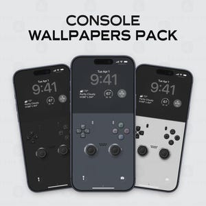 Könnte beinhalten: Drei Smartphones mit Konsolen-Themen-Hintergründen. Jedes Telefon zeigt ein anderes Controller-Design in Schwarz, Grau und Weiß. Die Uhrzeit ist 9:41 Uhr, mit Wetterdetails. Der Text "CONSOLE WALLPAPERS PACK" befindet sich oben.