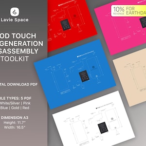 Puede incluir: Kit de desmontaje digital en formato PDF para el iPod Touch de 6.ª generación. El kit incluye cinco archivos PDF, uno para cada color: blanco/plata, rosa, azul, dorado y rojo. Los archivos PDF son de tamaño A3, midiendo 29,7 cm de alto y 41,9 cm de ancho.