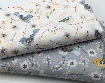 Poplin cotton fabric SWEET BIRDS | white & light grey | brushed | by Poppy