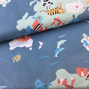 Baumwoll Twill Druck Weltkarte, Tiere, jeansblau