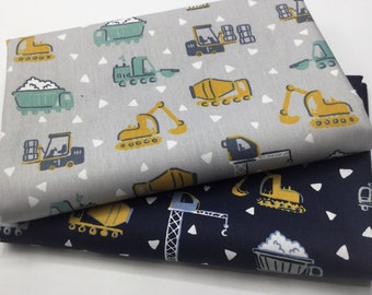 BIO Popeline Baumwollstoff CONSTRUCTION VEHICLES | navy & light grey | by Poppy