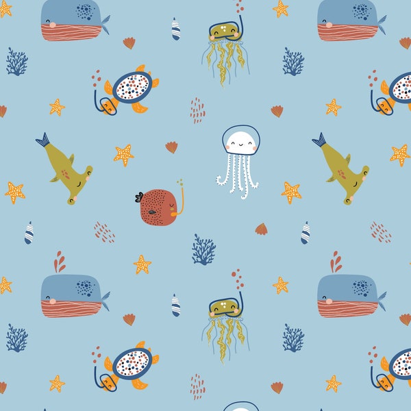 Biojersey SEA ANIMALS, light blue, zertifizierter Baumwolljersey, by Poppy