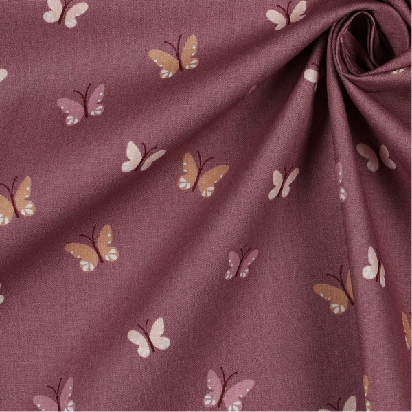 Bio Popeline Baumwollstoff BIRDS AND BUTTERFLIES | Butterflies | wine red | by Poppy