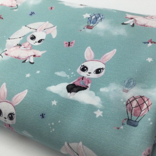 Biojersey RABBIT on the MOON | mint | zertifizierter Baumwolljersey | by Poppy | ab 50 cm