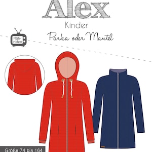 Może przedstawiać: Wzór szycia na dziecięcy płaszcz lub kurtkę typu parka o nazwie "Alex". Wzór zawiera czerwony płaszcz typu parka z kapturem i niebieski płaszcz typu parka z kapturem. Wzór jest dostępny w rozmiarach od 74 do 164 cm.