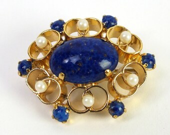 vintage Peking glass brooch, antique jewelry, gold pin with blue, gift for women
