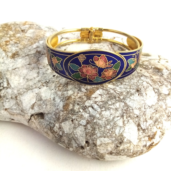 vintage Cloisonne Emaille Armreifen/ Blau/ Gold/ Rosa/ Grün, älterer Modeschmuck, Armspange, Armband, Geschenk für Frauen