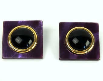 unusual ear clips ladies purple, large square earrings from Italy, fashion jewelry 80s, gift for women/girlfriend/sister