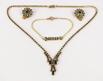 Vintage Schmuck Set Damen | Vergoldete Halskette Armband Ohrclips | Granat roter Strass | 70er Jahre Modeschmuck