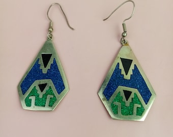 vintage hanging earrings, Mexico Alpacca silver earrings, larger earrings with inlay, gift for women