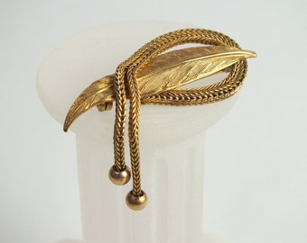 golden vintage leaf brooch by PLORGAL France, antique costume jewelry, pin, gift for women