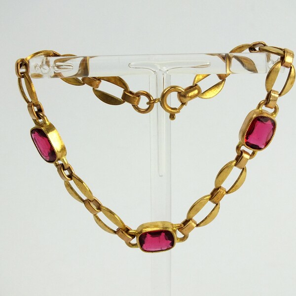 pulsera de eslabones dorados con piedras preciosas rosas de 19,5 cm, regalo de joyería vintage para mujer, pulsera