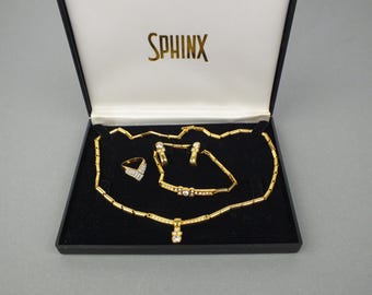 SPHINX Vintage Strass Schmuck Set Damen | Halskette Ohrringe Armband Ring vergoldet | 70er Jahre Designer Geschenk