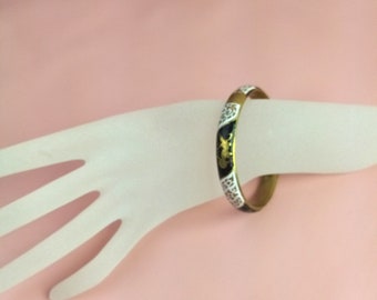 vintage enamel bangle with Asian motifs, fashion jewelry black/white/gold, bracelet, gift for women