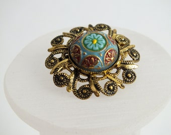 antique vintage flower brooch, old costume jewelry, gift for women, gold pin