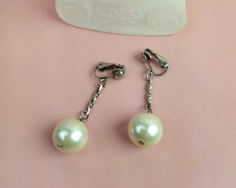 vintage clip-on earrings with faux pearls, silver hanging earrings, old costume jewelry, gift for women