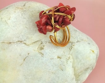 vintage Korallen Ring Gold/ Rot, Fingerring mit Perlen und Draht, extravaganter Statement Schmuck, Geschenk für Freundin/Tochter/ Mutter