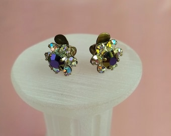 vintage rhinestone ear clips, earrings 50s, Aurora Borealis, clips, gift for women or girls