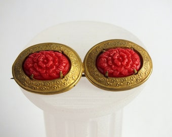 Antike Blumen Brosche Gold/ Rot, alter vintage Modeschmuck, Geschenk für die Freundin, Anstecknadel