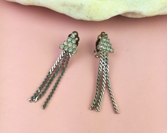 vintage rhinestone ear clips silver with chains, hanging earrings, ladies fashion jewelry, gift for women/girlfriend/sister/daughter/mother