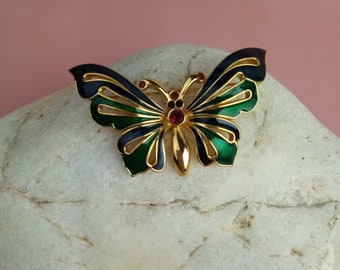 large D'ORLAN butterfly brooch with enamel and rhinestones, gold plated metal, vintage pin, gift for women