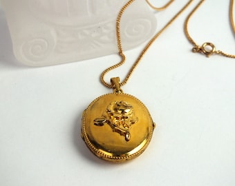 antique photo locket necklace, pendant with rose, AM double gold metal, vintage costume jewelry, gift for boyfriend, girlfriend, keepsake