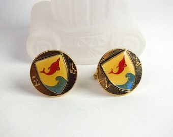 Maritime enamel cufflinks with fish and wave, men's jewelry for anglers or sailors, vintage jewelry for men