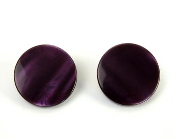 large vintage earrings, round ear clips purple violet, plastic costume jewelry 80s Italy, gift girlfriend, sister, daughter, mother
