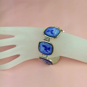 Silver vintage bracelet with blue enamel 19 cm, modernist link bracelet, gift for women