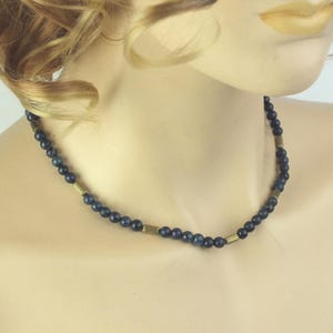 Vintage ladies necklace with lapis lazuli gemstone beads, blue necklace with golden beads, gift for women
