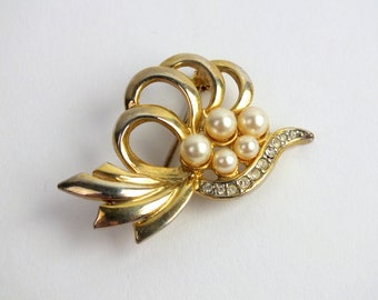 vintage Brosche Gold mit Faux Perlen und Strass, Anstecker, Damen Anstecknadel, Geschenk für Frauen