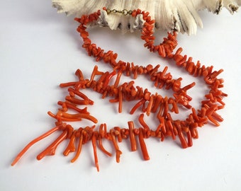 real vintage coral necklace, orange-red natural branch coral/bar coral, women's jewelry, gift for women