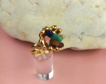 anillo vintage dorado/colorido, anillo de dedo con piedras preciosas, joyería de declaración extravagante, regalo para novia/hija/madre
