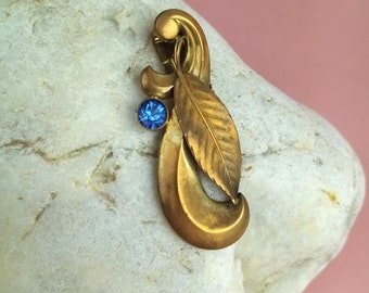 vintage scarf clip nostalgic with leaf and blue rhinestones, scarf clip, dress clip, golden clip, clasp, fashion jewelry, gift for women