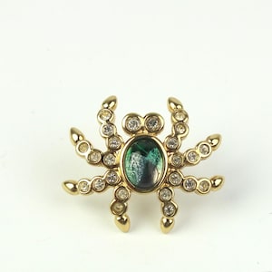 small vintage Pierre Lang pin brooch spider gold/green with rhinestones, animal pin, costume jewelry, birthday gift