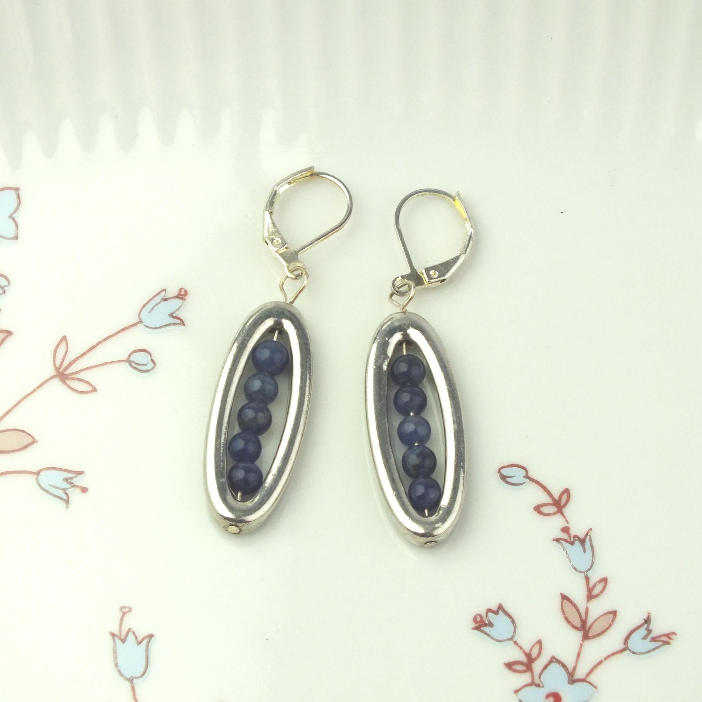 Vintage ladies earrings hanging silver with blue quartz stone beads, hanging earrings, fashion jewelry earrings, gift for her