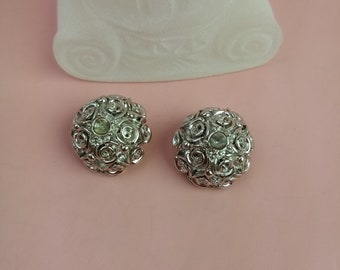 vintage ear clips silver, round earrings ladies, old costume jewellery, gift for women
