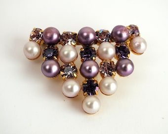 Vintage brooch with faux pearls and rhinestones, costume jewelry, gift for women