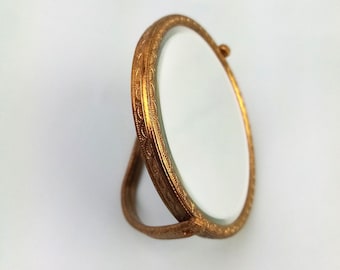 small vintage pocket mirror gold brass, 50s standing mirror 2 sided with magnification, gift for girlfriend, round mirror
