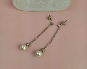 boucles d'oreilles chaîne en argent vintage 925 avec perle et strass, boucles d'oreilles clous, vrais bijoux pour femmes, cadeau pour petite amie/soeur/fille/nièce