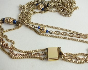 vintage necklace gold/blue with pearls, old costume jewelry, gift for girlfriend