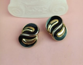 vintage Soleil designer ear clips, fashion jewelry, gold earrings with black, gift for women