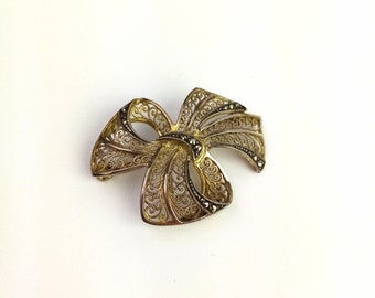 antique 835 silver bow brooch, vintage filigree jewelry, pin, badge, gift for girlfriend/mother, sister, grandma