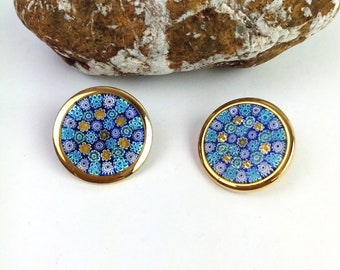 Larger vintage ear clips mosaic gold/colorful, round ladies earrings, fashion jewelry from Italy, gift for women