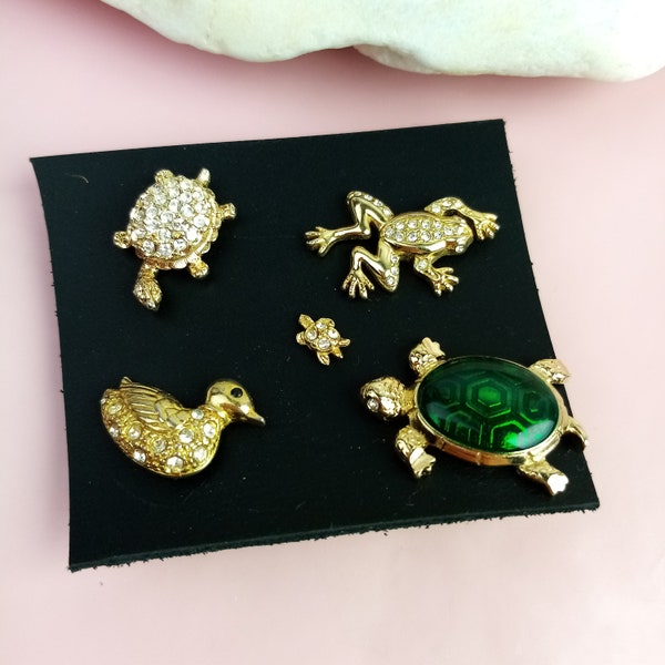 1x vintage Tier Pin Brosche Gold/Emaille/Strass, alter Modeschmuck, Anstecknadel, Frosch/Ente/Schildkröte, Geschenk Freundin/ Freund