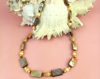 vintage necklace with abalone, coral, horn pearls, older jewelry, gift for women, girlfriend, sister, mother