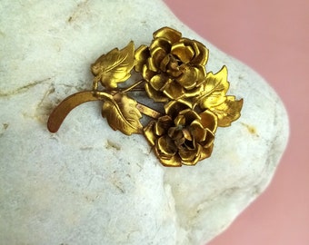 antique rose brooch gold/brass, old vintage costume jewelry, pin, gift for girlfriend/mother/sister/aunt/grandma