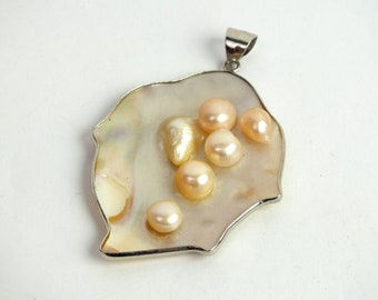 large vintage mother of pearl shell pendant for necklaces, older costume jewelry, necklace pendant, gift for girlfriend, sister, mother